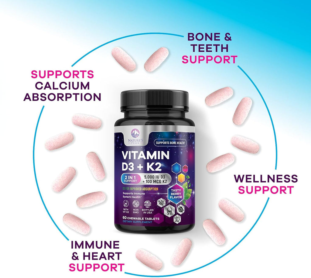 Nature's Peak Vitamina D3 K2 5000 UI + 100 mcg MK-7 - 60 Comprimidos Masticables Sabor Baya