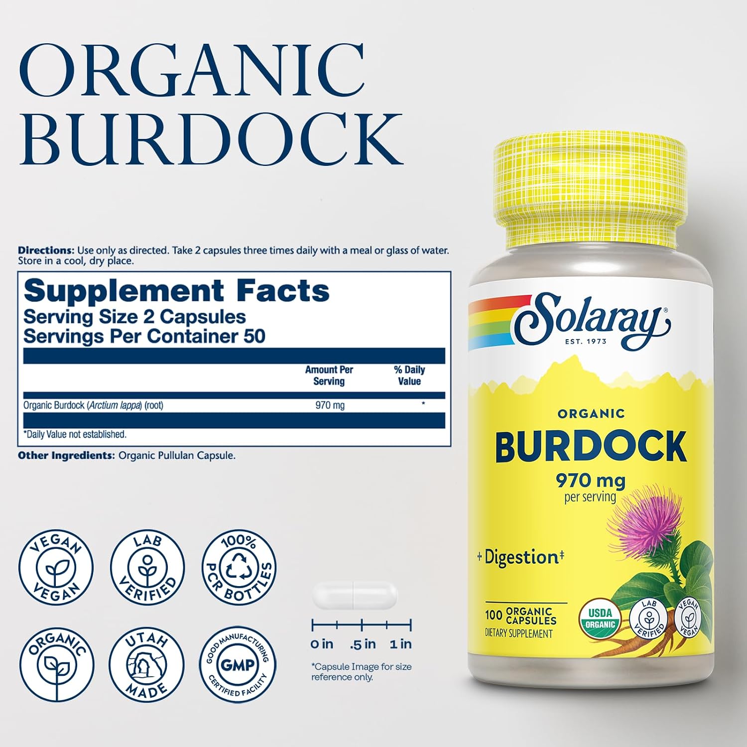 SOLARAY Raíz de Bardana Orgánica 970 mg - 100 Cápsulas