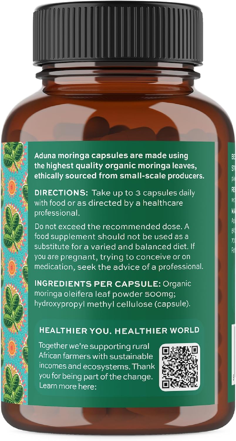 Aduna Organic Moringa Capsules 1500mg | 180 Cápsulas Veganas de Hojas de Moringa Pura