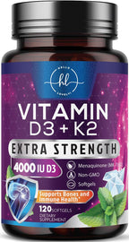 Hello Lovely! Vitamina D3 con K2 (MK-7) - 4000 IU (100 mcg) por porción - 120 Cápsulas Blandas