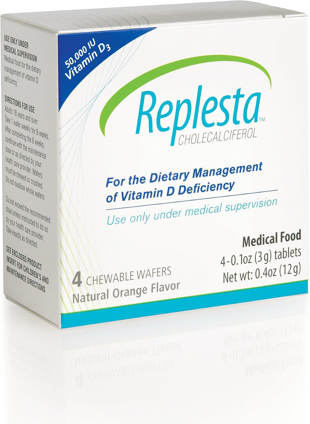 Replesta 50.000 UI Vitamina D3 (Colecalciferol) – Comprimido Masticable Semanal – Sabor Naranja Natural – 4 Unidades