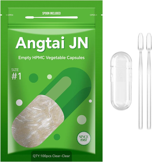 Angtai JN Cápsulas Vegetales Vacías Tamaño 1 (100 uds) - Kit de Llenado con 2 Cucharas