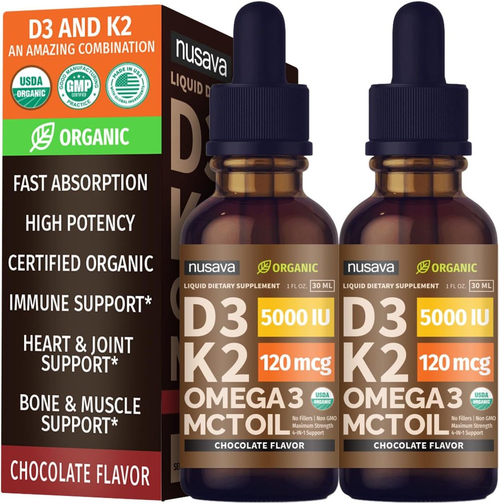 NUSAVA Organic Vitamin D3 K2 Drops with MCT Oil & Omega 3 - 5000 IU, Chocolate, 2 Pack, 2 Fl Oz