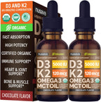 NUSAVA Organic Vitamin D3 K2 Drops with MCT Oil & Omega 3 - 5000 IU, Chocolate, 2 Pack, 2 Fl Oz