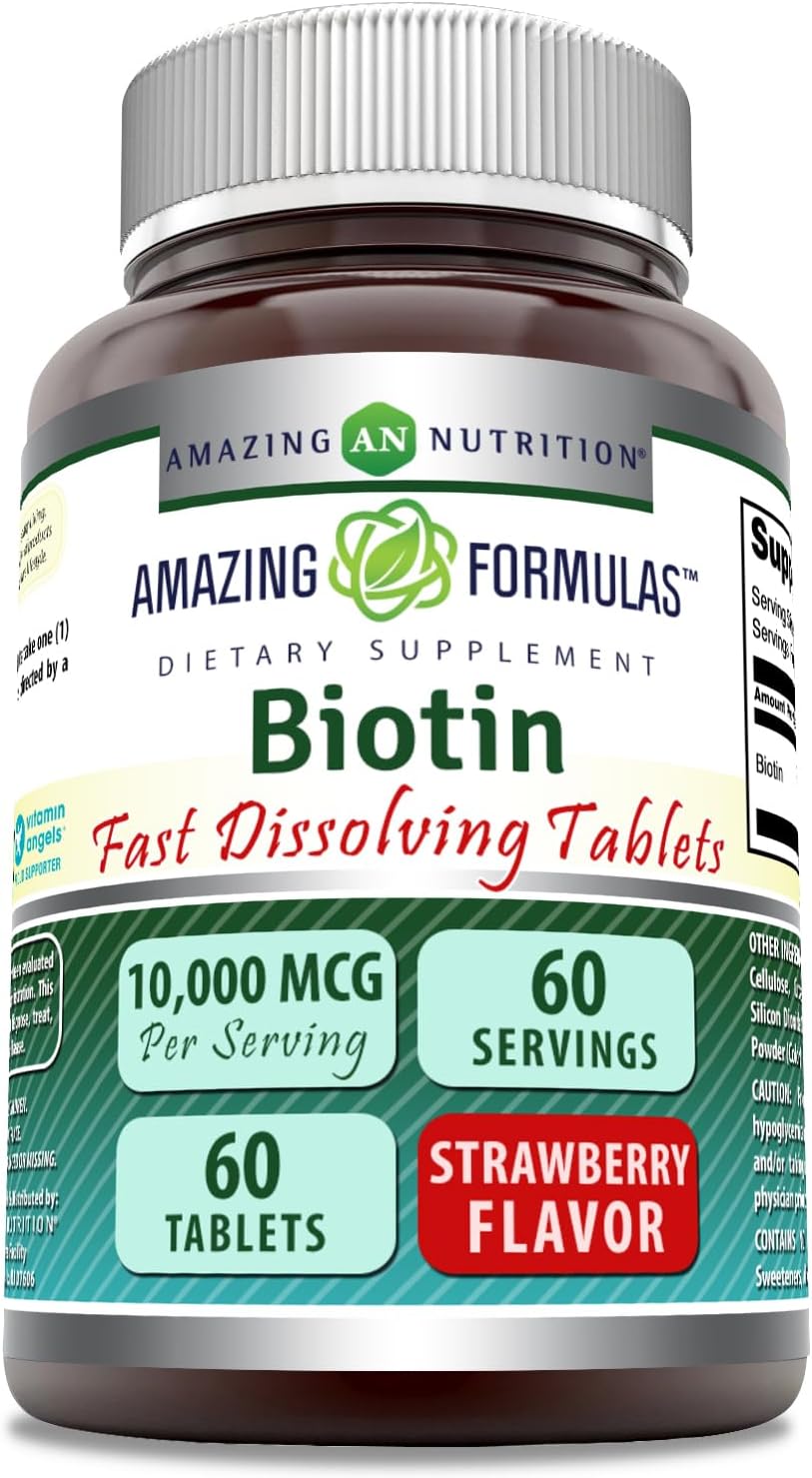 Amazing Formulas Biotina 10,000 mcg – Comprimidos de Disolución Rápida Sabor Fresa, 60 Unidades