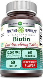 Amazing Formulas Biotina 10,000 mcg – Comprimidos de Disolución Rápida Sabor Fresa, 60 Unidades