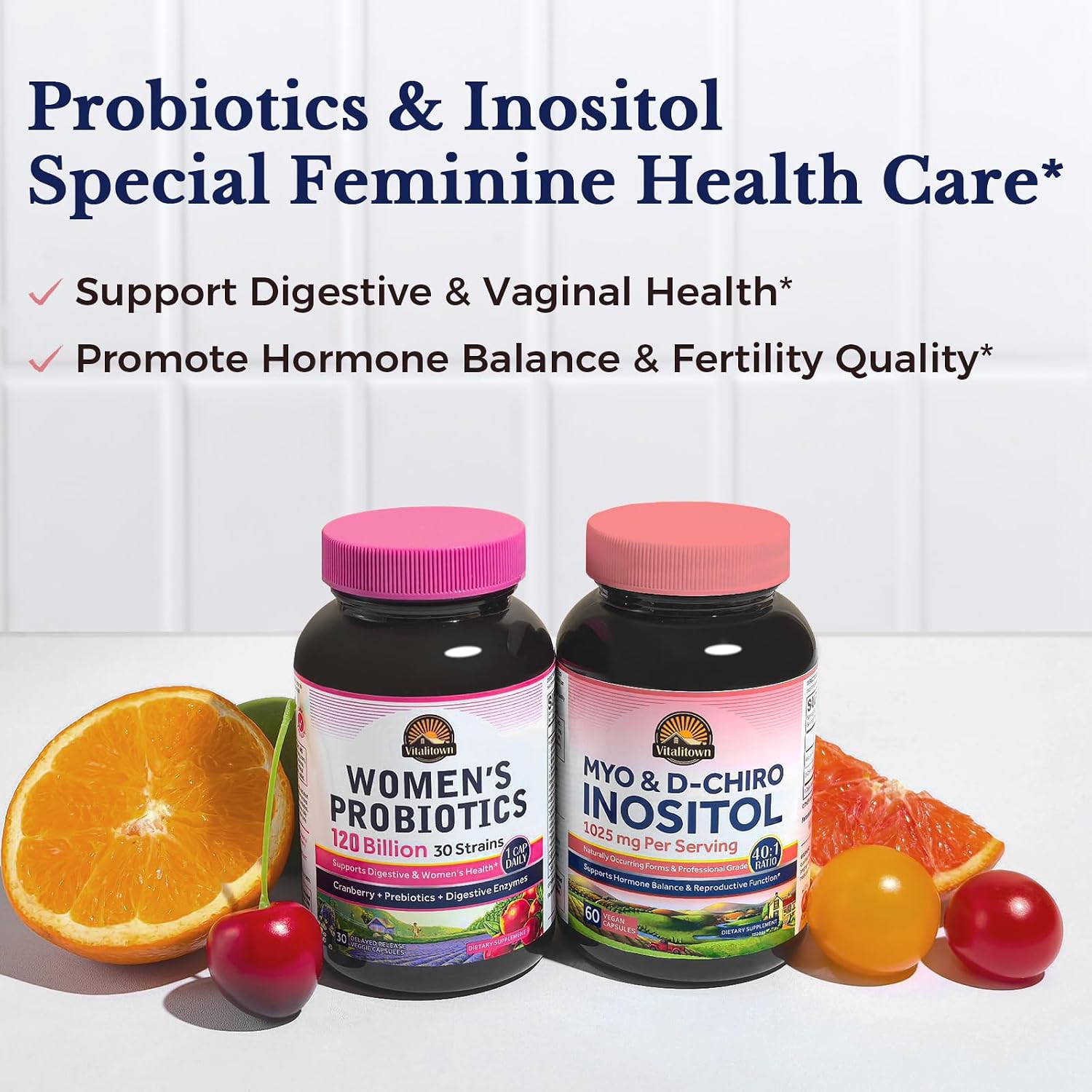 Vitalitown Inositol para Mujeres, Myo-Inositol y D-Chiro Inositol, Ratio 40:1, Apoyo Hormonal y Ovárico, Vitamina B8, Vegano, 60 Cápsulas, Sin Gluten