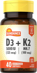 Sundance Vitamina D3 K2 | 40 Cápsulas Blandas de Liberación Rápida | 5000 UI