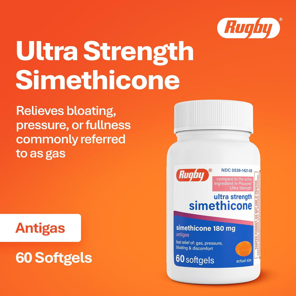 Rugby Ultra Strength Simeticona 180 mg - Alivio de Gases para Adultos - 60 Cápsulas Blandas