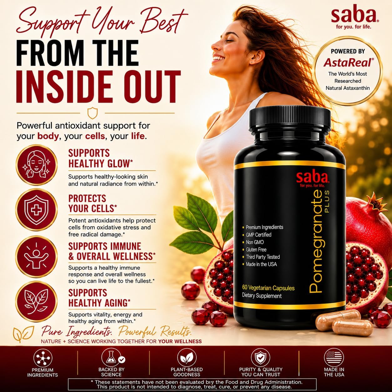 Saba Pomegranate Plus | Suplemento antioxidante con Astaxantina y Granada | 60 Cápsulas