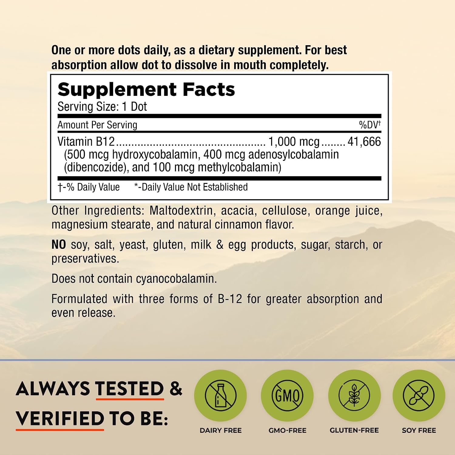 Mt. Angel Vitamins - Triple B-12 Dots | Pastillas sublinguales de rápida disolución, mezcla de metilcobalamina, adenosilcobalamina e hidroxocobalamina, apoya la energía y la salud del sistema nervioso – 60 pastillas