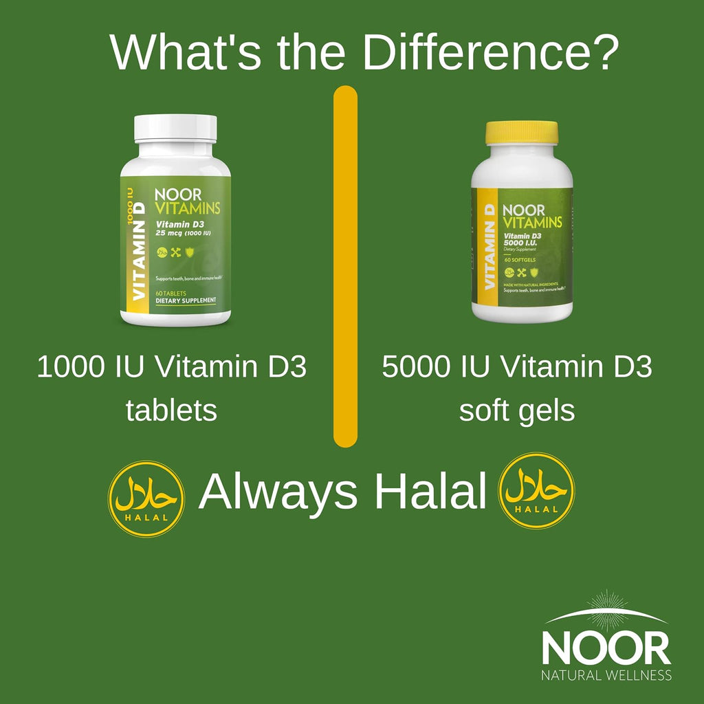 Noor Vitamins Vitamina D3 Halal 1000 UI, Apoya la Salud Ósea, Inmunitaria y Cardíaca, Sin OGM, Sin Gluten y Halal (60 Comprimidos)