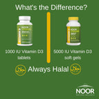 Noor Vitamins Vitamina D3 Halal 1000 UI, Apoya la Salud Ósea, Inmunitaria y Cardíaca, Sin OGM, Sin Gluten y Halal (60 Comprimidos)