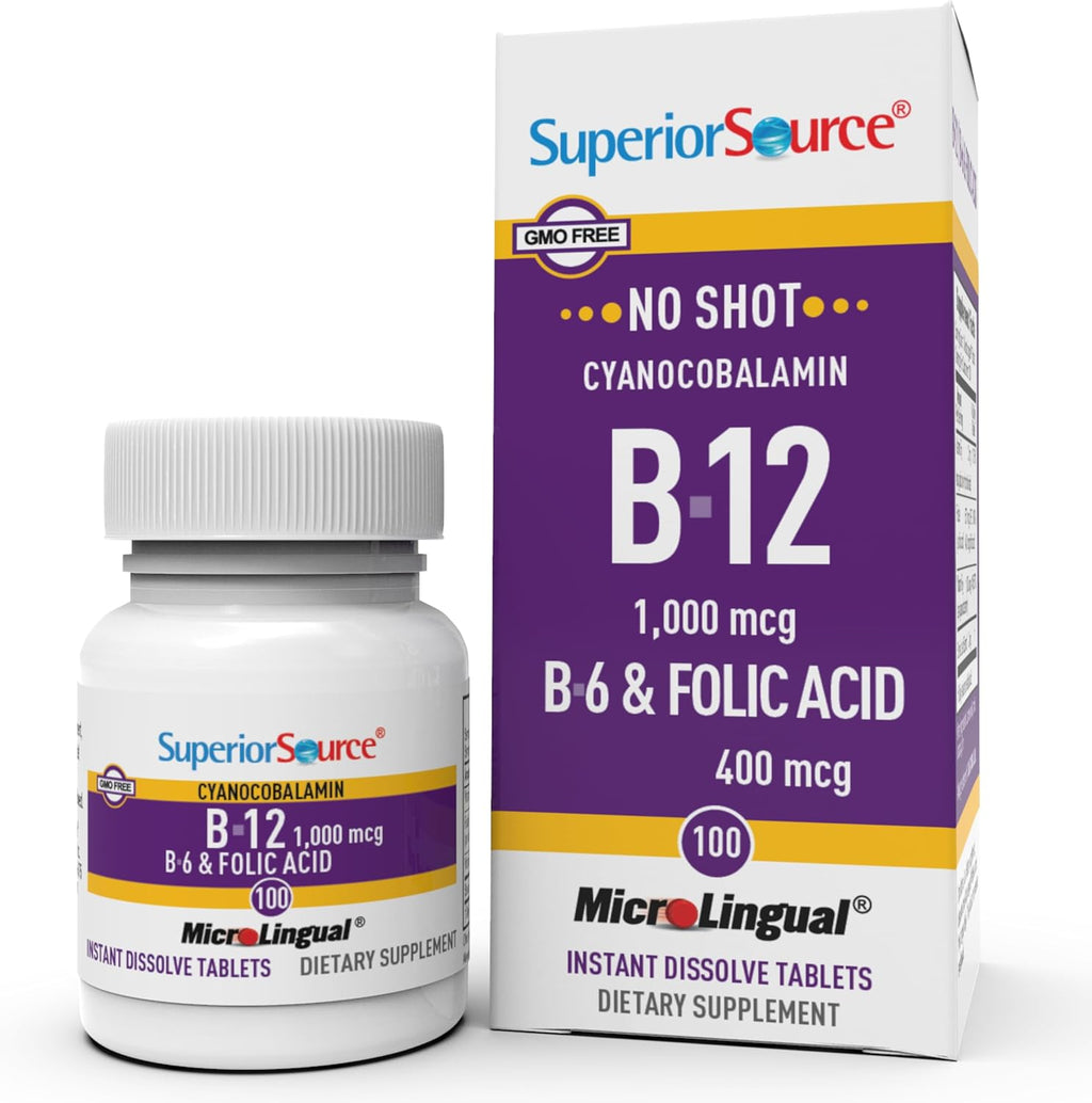 Superior Source No Shot Vitamina B12 (1000 mcg), B6 y Ácido Fólico - 100 Comprimidos Sublinguales
