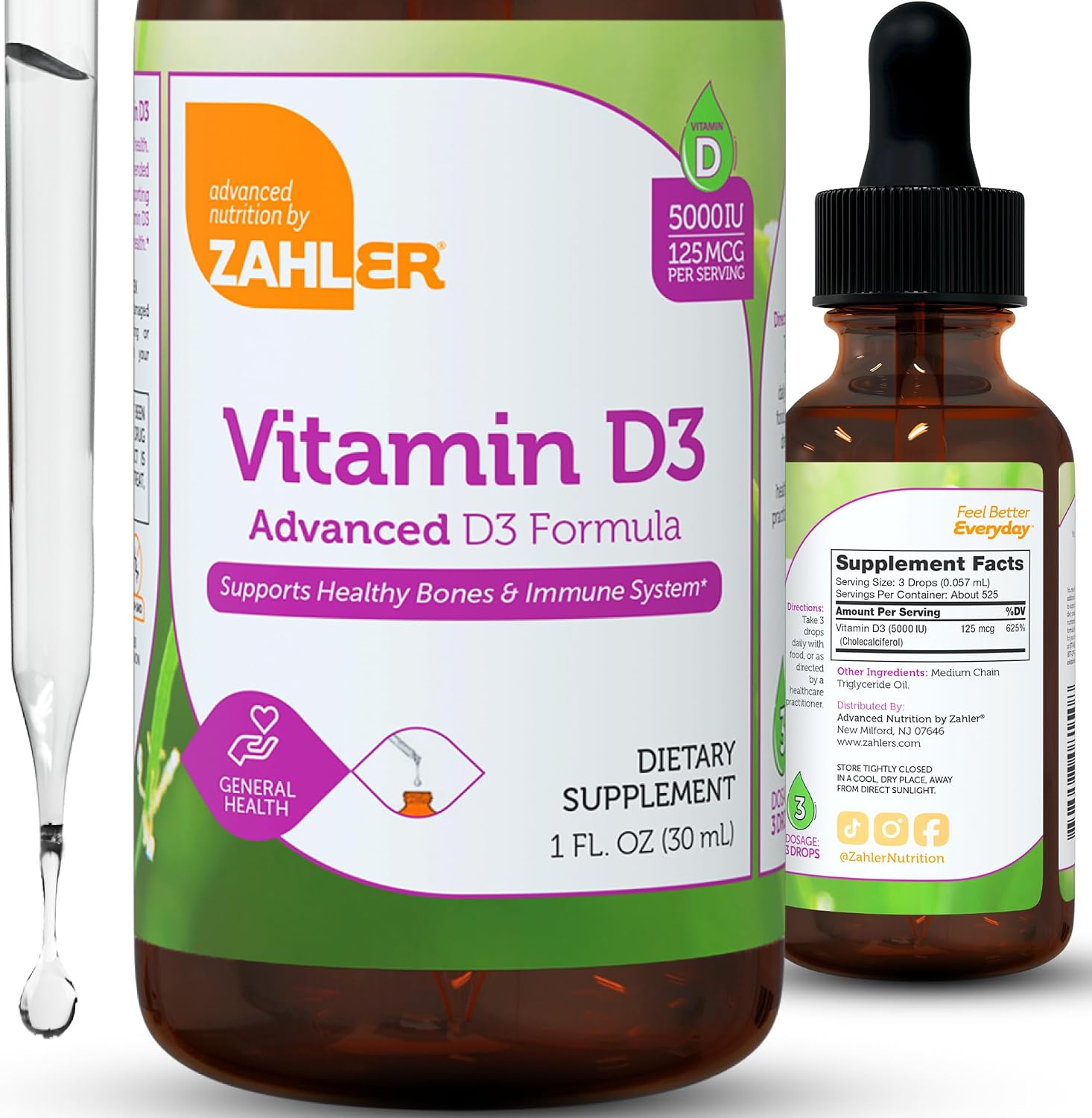 Zahler Vitamina D3 Líquida 5000 UI - Suplemento de Vitamina D3 para Huesos y Sistema Inmunológico - 30 ml