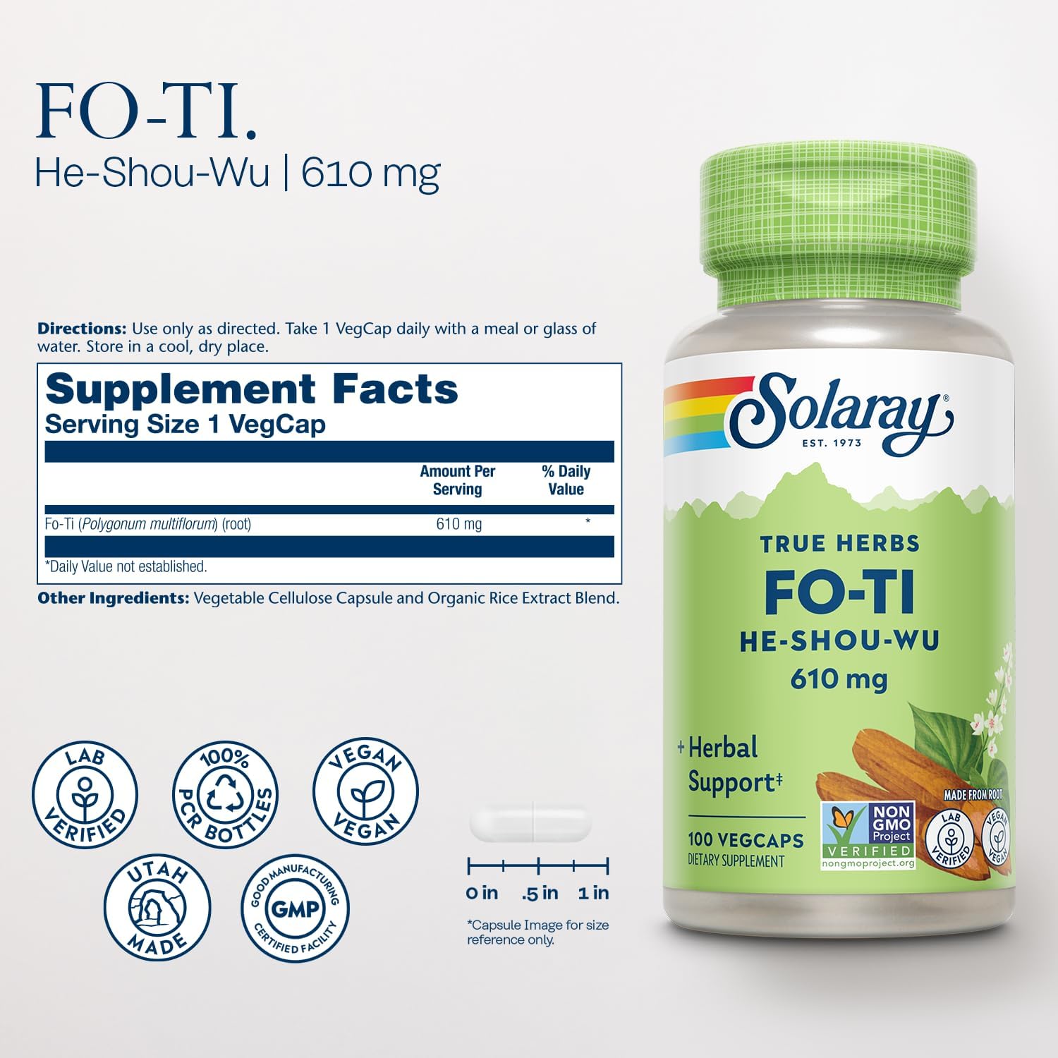 SOLARAY Fo-Ti Cápsulas - Suplemento Herbal Chino - 610 mg, 100 Cápsulas Vegetales