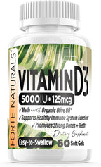 FORTE NATURALS Vitamina D3 5000 IU (125 mcg) - Cápsulas Blandas para Estómagos Sensibles
