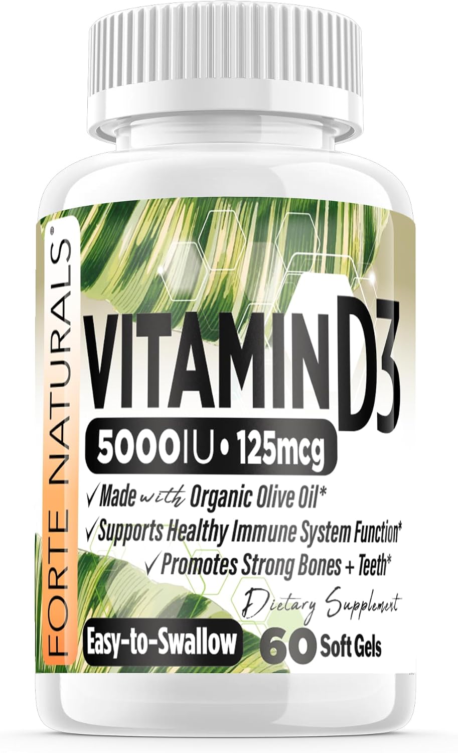 FORTE NATURALS Vitamina D3 5000 IU (125 mcg) - Cápsulas Blandas para Estómagos Sensibles