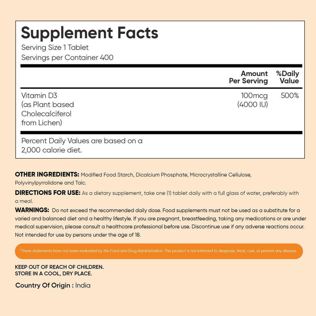 WeightWorld Vitamina D3 4000 IU (100 mcg) - 400 Comprimidos Veganos de Colecalciferol de Liquen