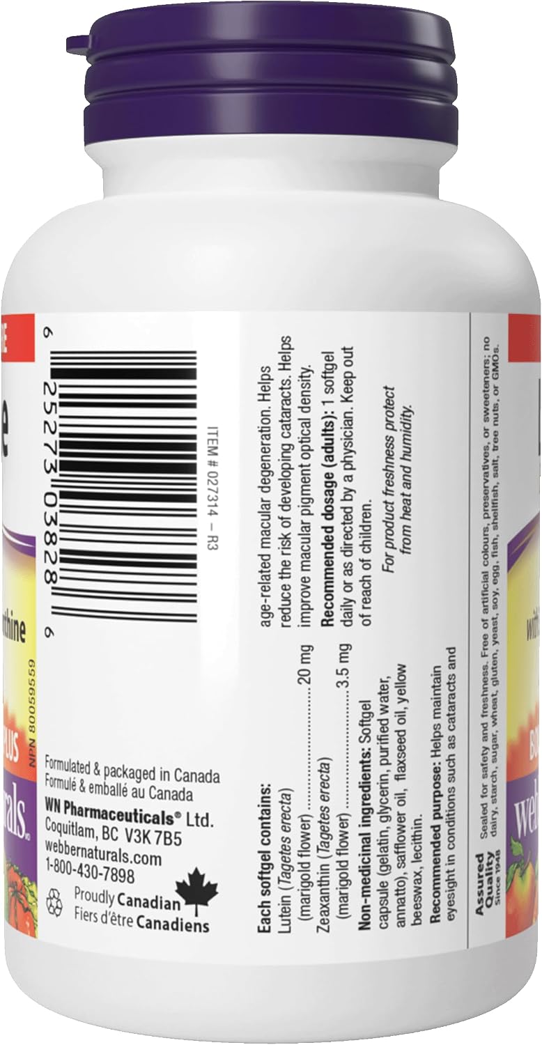 Webber Naturals Luteína Extra Fuerte con Zeaxantina, 20 mg, 30 Cápsulas Blandas