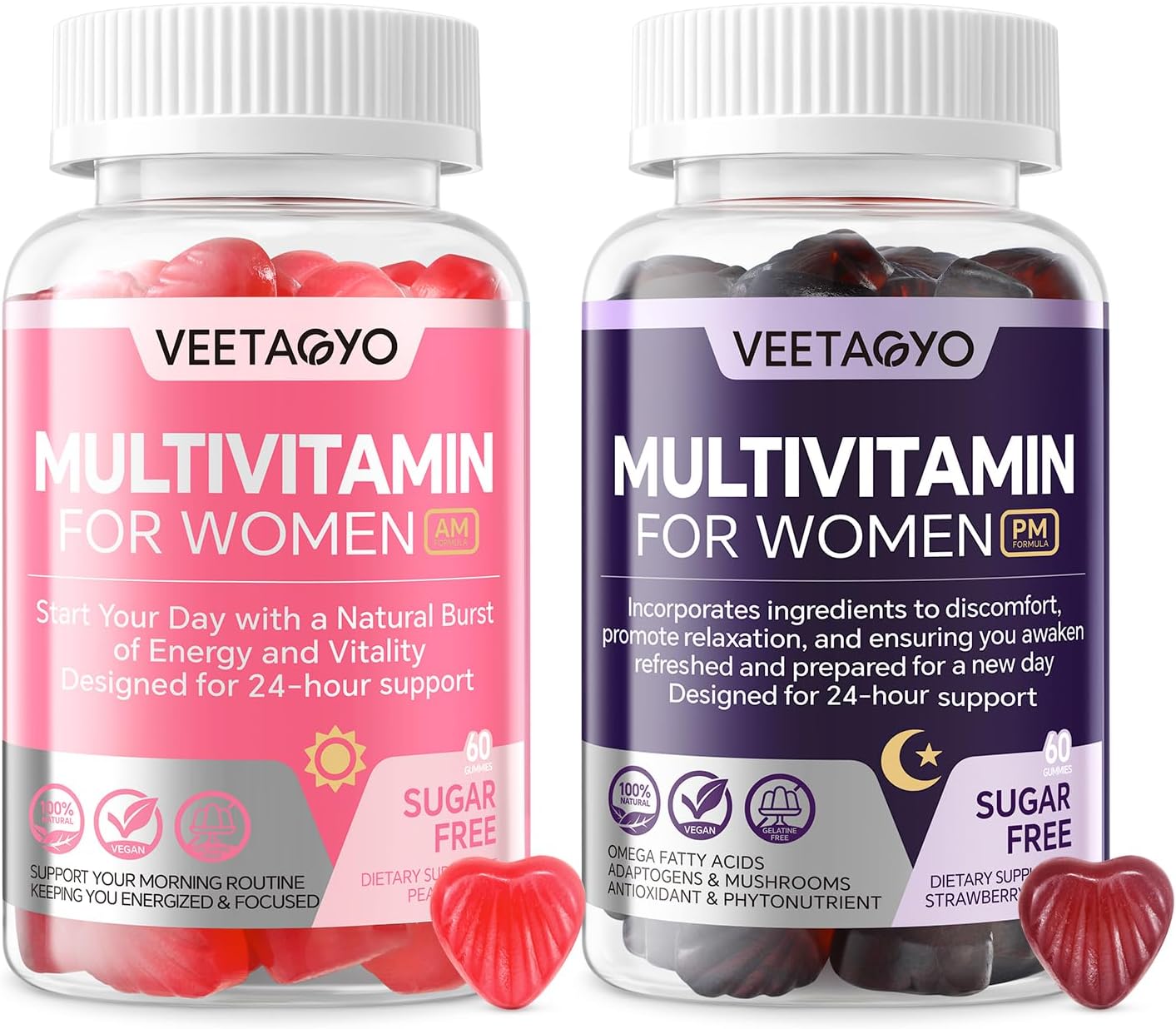 VEETAGYO Multivitamínico para Mujeres AM y PM - Sin Melatonina, con Calcio de Algas, Omega-3, Vitamina D3K2, Magnesio - Sin Azúcar, Vegano, 120 Gomitas