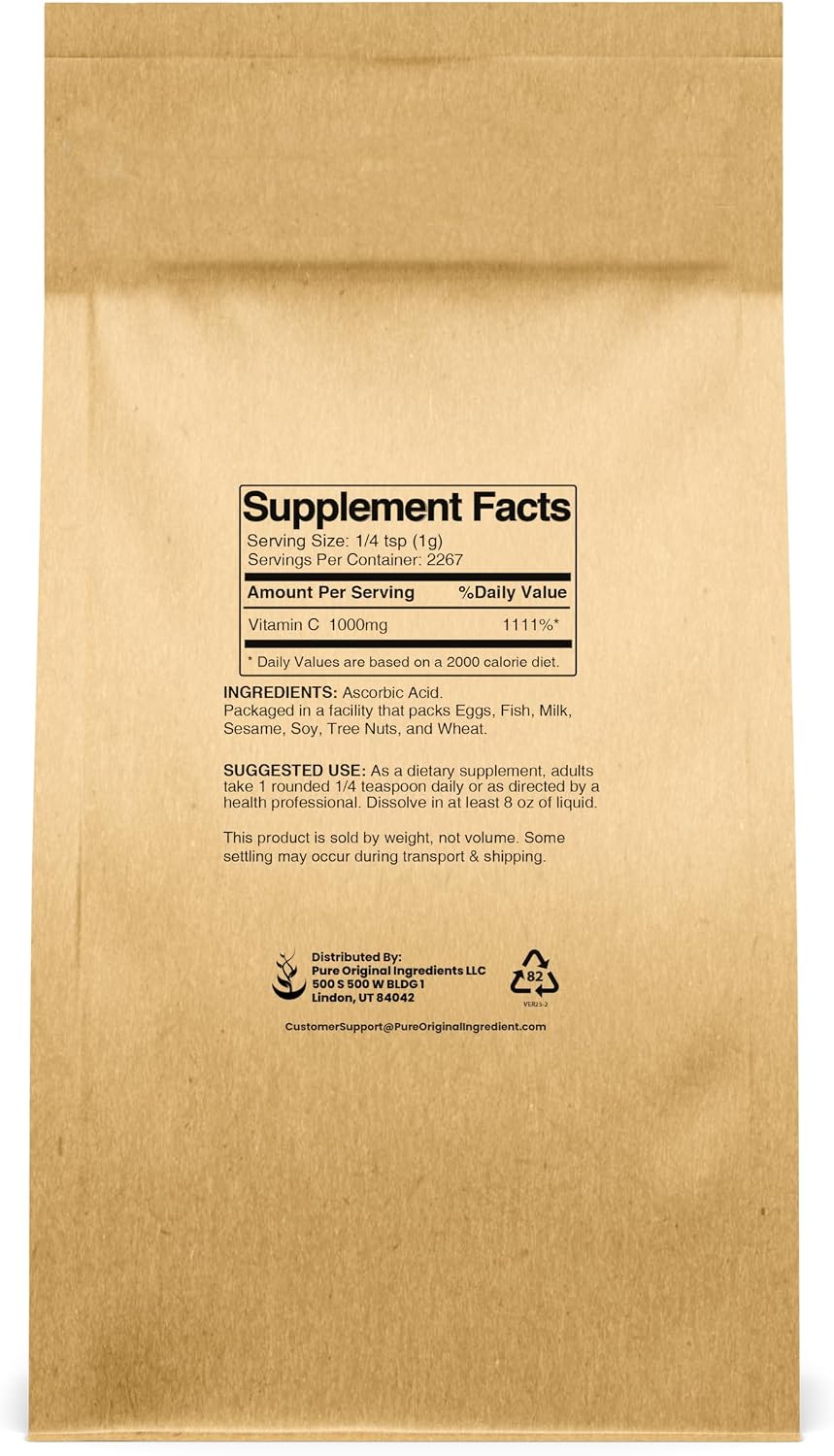 PURE ORIGINAL INGREDIENTS Vitamina C en Polvo (5 lb) Ácido Ascórbico, No Transgénico, Complemento Alimenticio