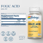 Solaray Ácido Fólico - Vitamina B9, Suplemento Prenatal - Favorece el Desarrollo de Glóbulos Rojos - Vegano, Verificado en Laboratorio - 100 Cápsulas Veganas