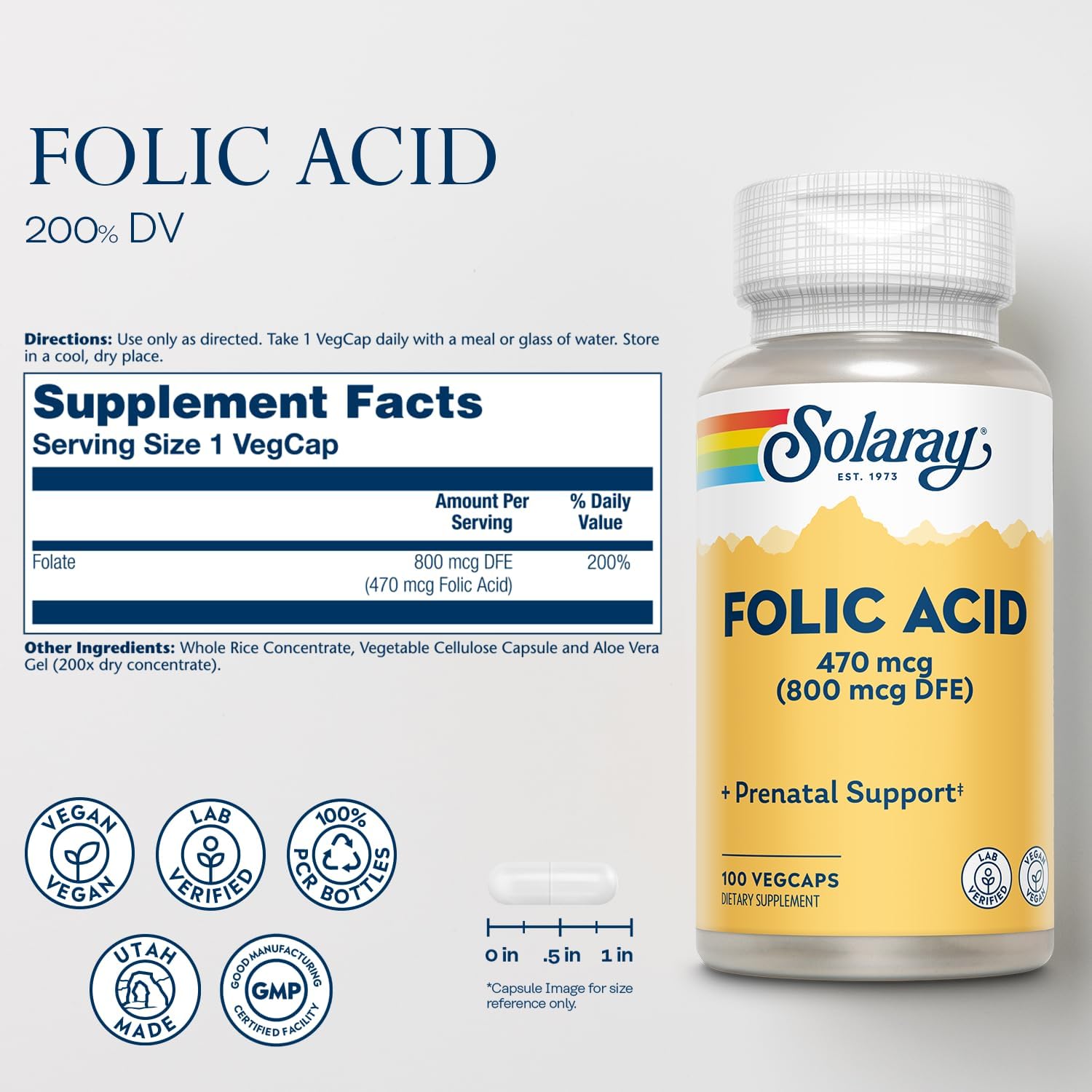 Solaray Ácido Fólico - Vitamina B9, Suplemento Prenatal - Favorece el Desarrollo de Glóbulos Rojos - Vegano, Verificado en Laboratorio - 100 Cápsulas Veganas