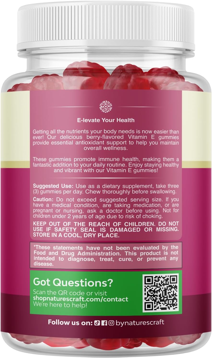 Natures Craft Gominolas de Vitamina E 400 UI - Suplemento para el Cuidado de la Piel, Apoyo Inmune y Protección Celular - 90 Gominolas