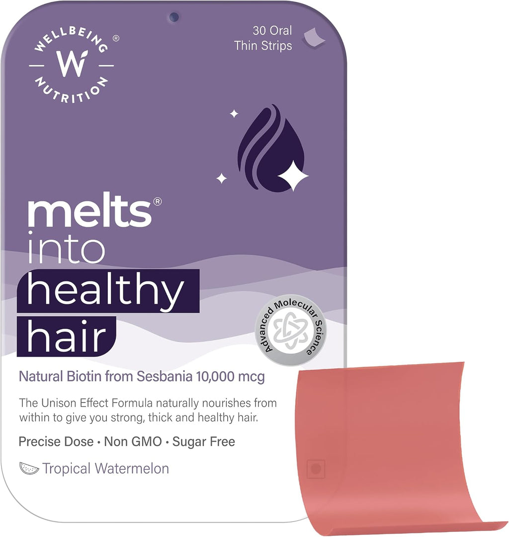 Wellbeing Nutrition Melts Healthy Hair – Tiras finas orales con biotina, zinc y extracto de bambú (30 unidades)