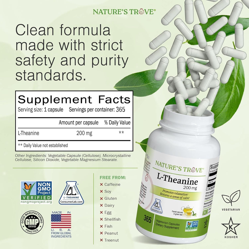 Nature's Trove L-Teanina 200mg – 365 Cápsulas Vegetarianas (Súper Tamaño)