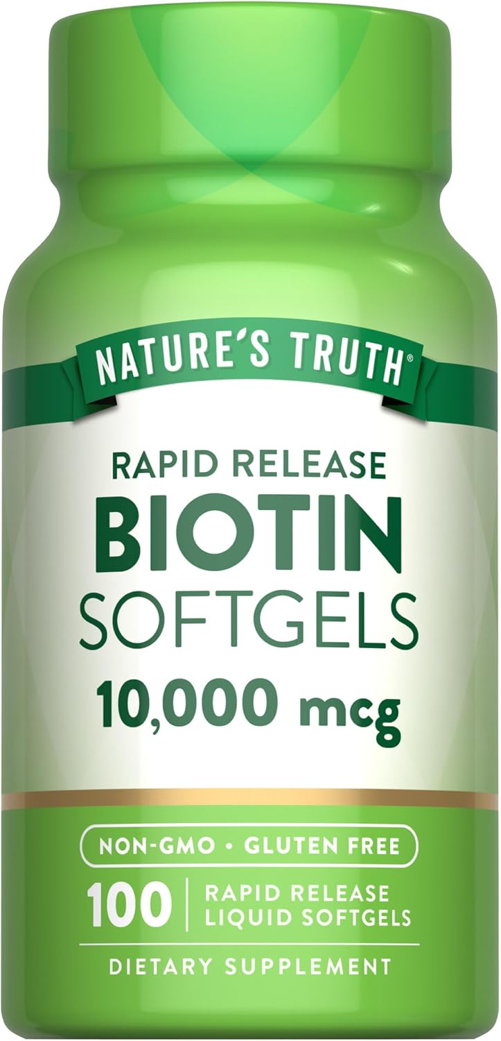 Nature's Truth Biotin 10.000 mcg | Softgels de Liberación Rápida | 100 Unidades | Sin Gluten y No GMO