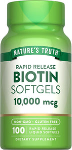 Nature's Truth Biotin 10.000 mcg | Softgels de Liberación Rápida | 100 Unidades | Sin Gluten y No GMO