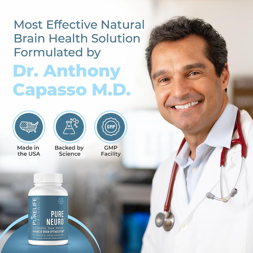 PureLife Organics Pure Neuro – Complemento para Eliminar la Niebla Mental, Apoyo a la Memoria y Enfoque – 60 Cápsulas Veganas y Sin Gluten – Fórmula del Doctor