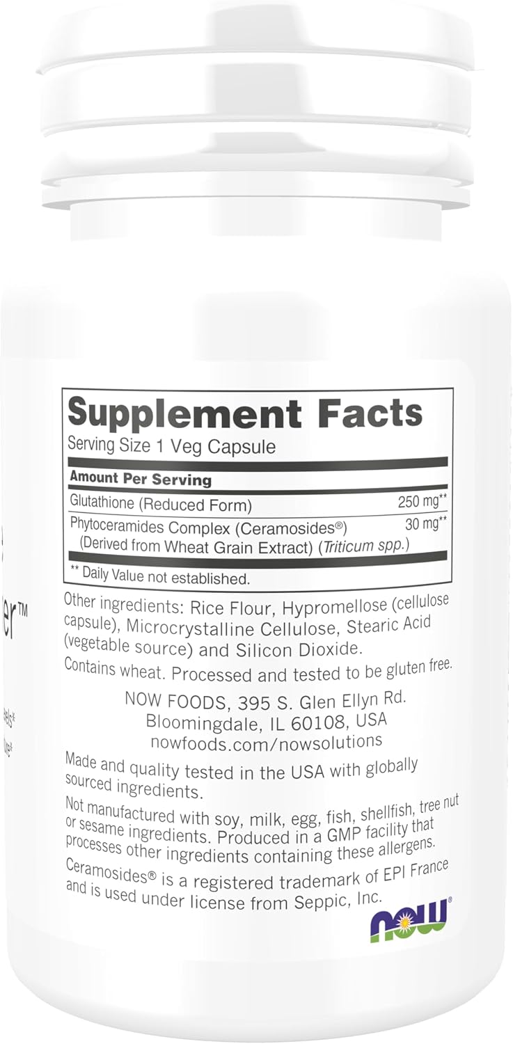 NOW Foods Solutions, Glutathione Skin Brightener con Ceramidas, Hidratante e Iluminador, 30 Cápsulas Vegetales