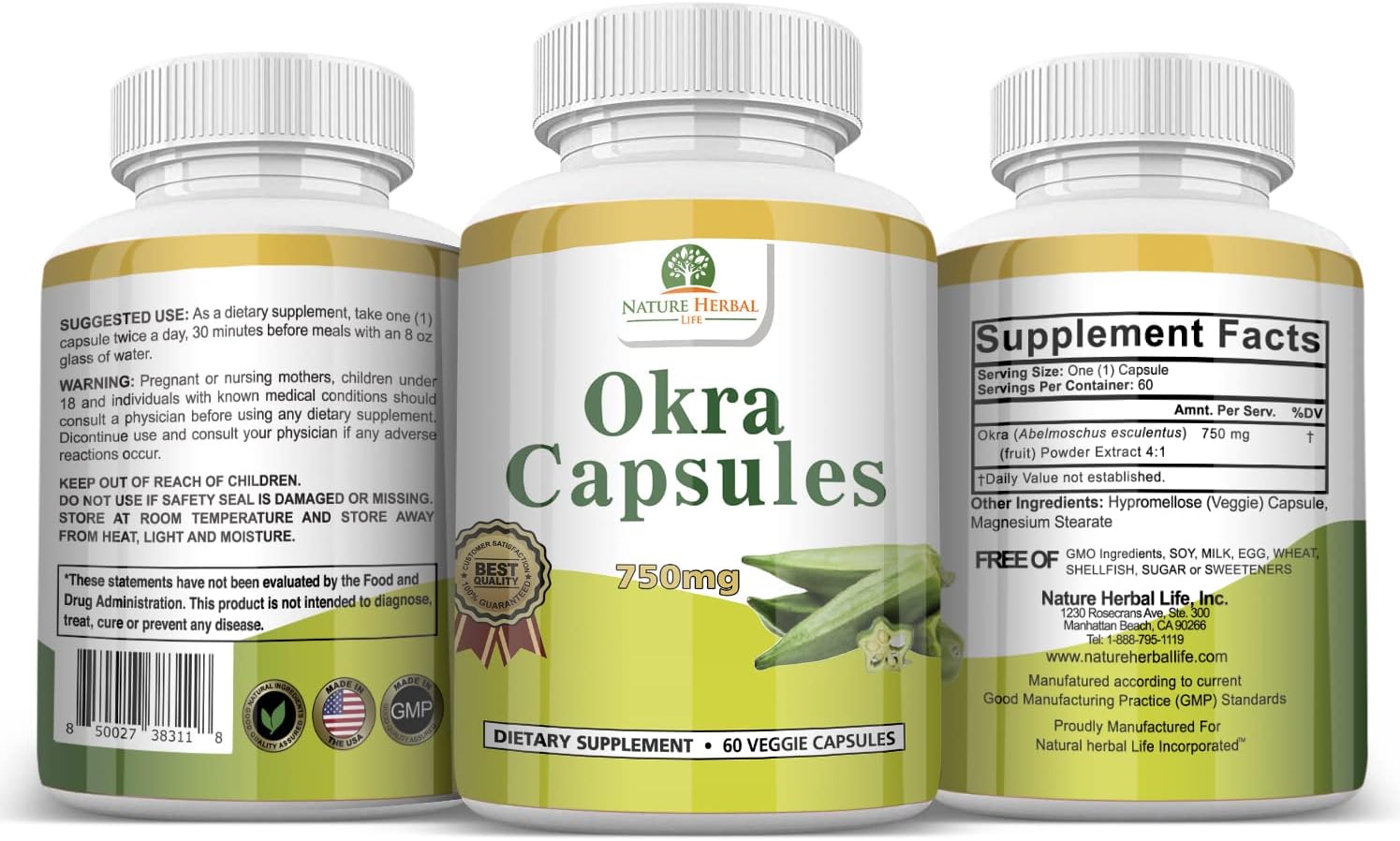 Cápsulas de Okra 750 mg, 180 Cápsulas Vegetales (3 Envases) - Nature Herbal Life