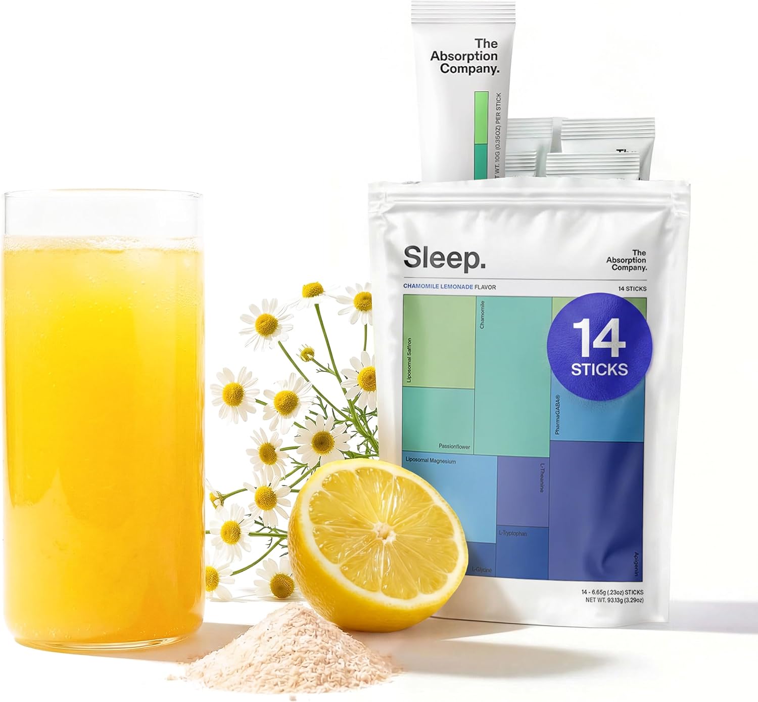 The Absorption Company Polvo para Dormir sin Melatonina - Calmante con Azafrán Liposomal, Magnesio y PharmaGABA, Sabor Limonada de Manzanilla, 7 sticks