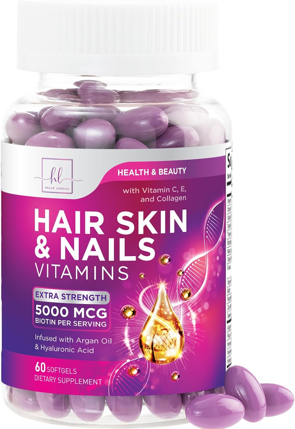 Vitaminas para el Cabello con Biotina, Colágeno y Ácido Hialurónico - 120 Cápsulas Blandas
