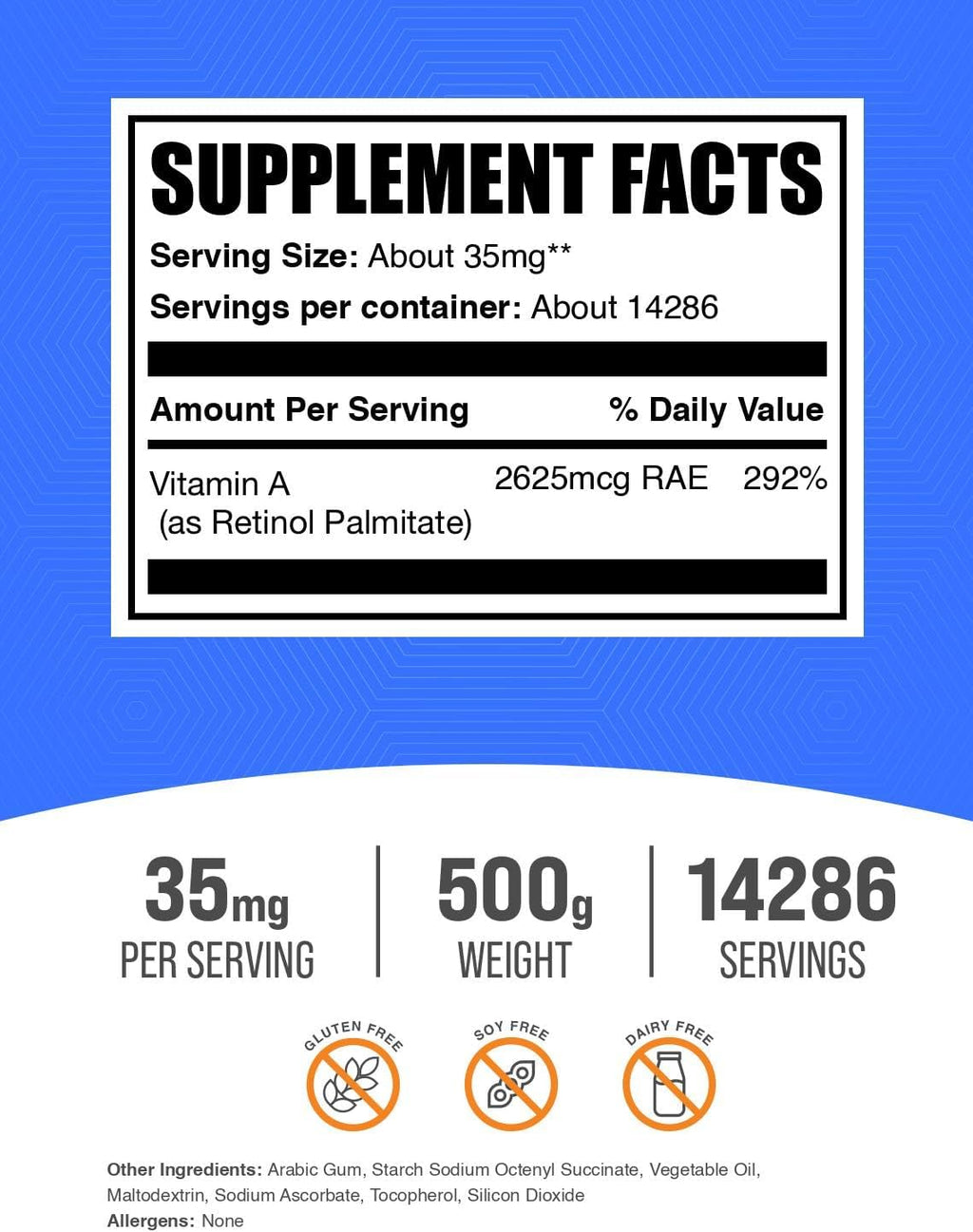 BulkSupplements Vitamin A Palmitate Powder - Retinol Palmitate, Dietary Supplement for Immune and Eye Support - Gluten Free, 500g