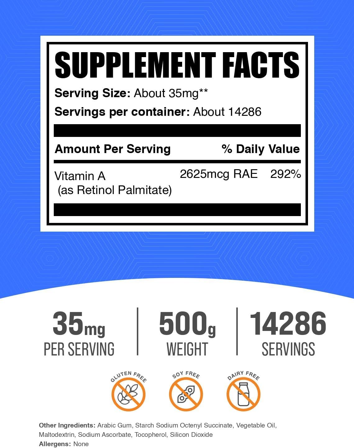 BulkSupplements Vitamin A Palmitate Powder - Retinol Palmitate, Dietary Supplement for Immune and Eye Support - Gluten Free, 500g
