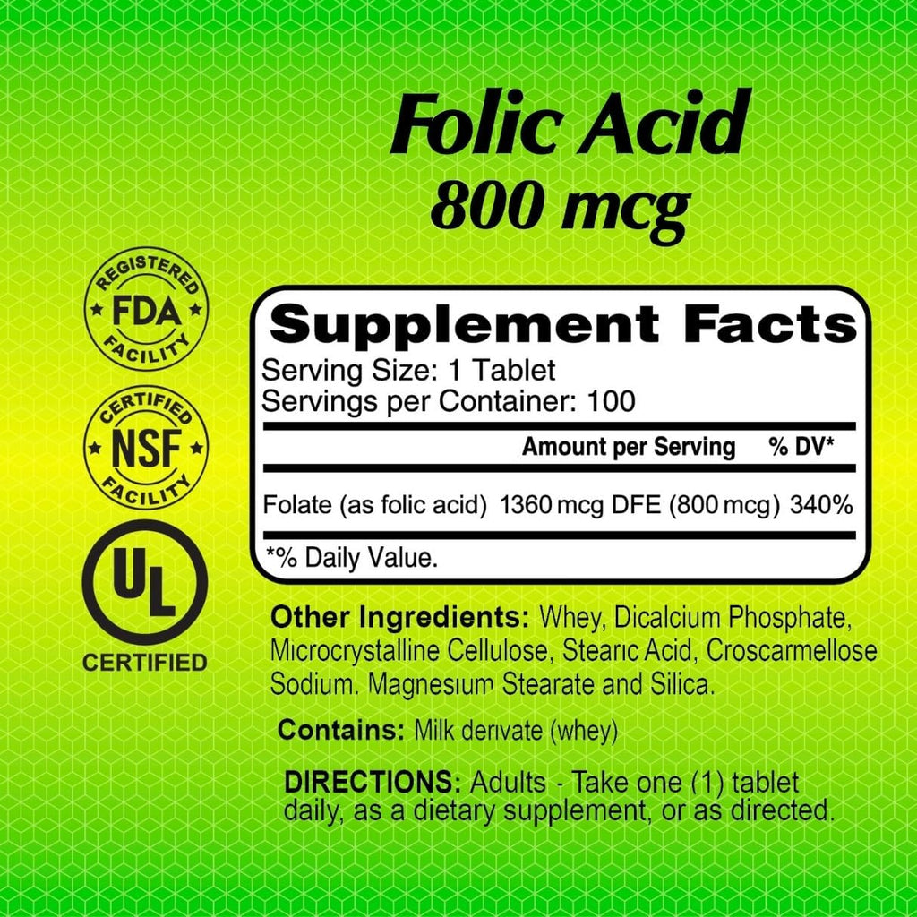 ALFA VITAMINS Ácido Fólico 800 mcg, 100 Comprimidos