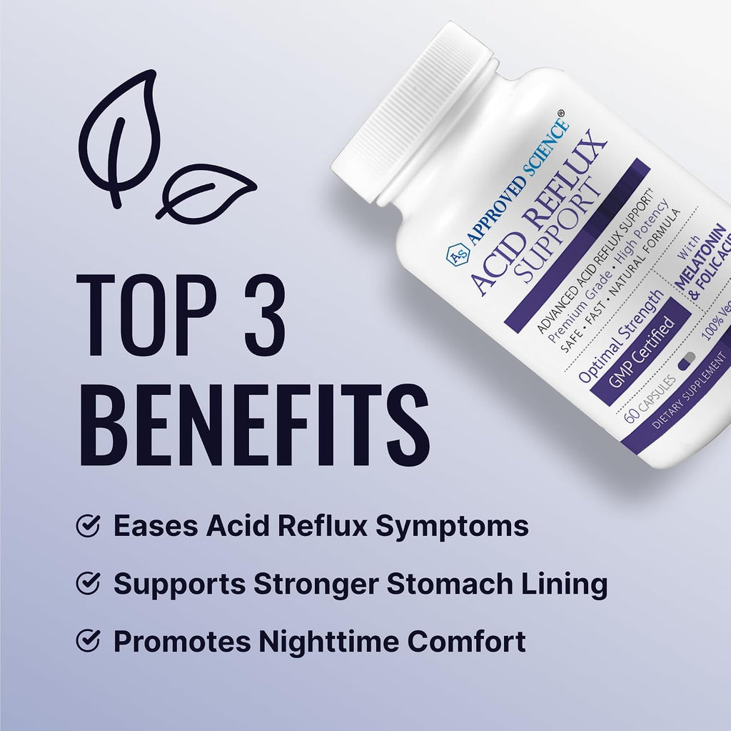 Approved Science® Acid Reflux Support - Apoyo para el Reflujo Ácido con Melatonina, Raíz de Malvavisco, L-Taurina - 60 Cápsulas Veganas
