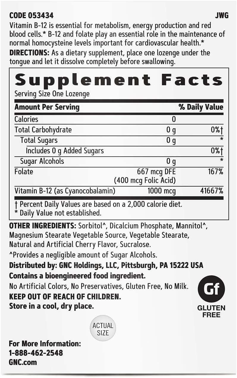 GNC Vitamina B-12 1000 mcg, Sabor Cherry, 120 Pastillas