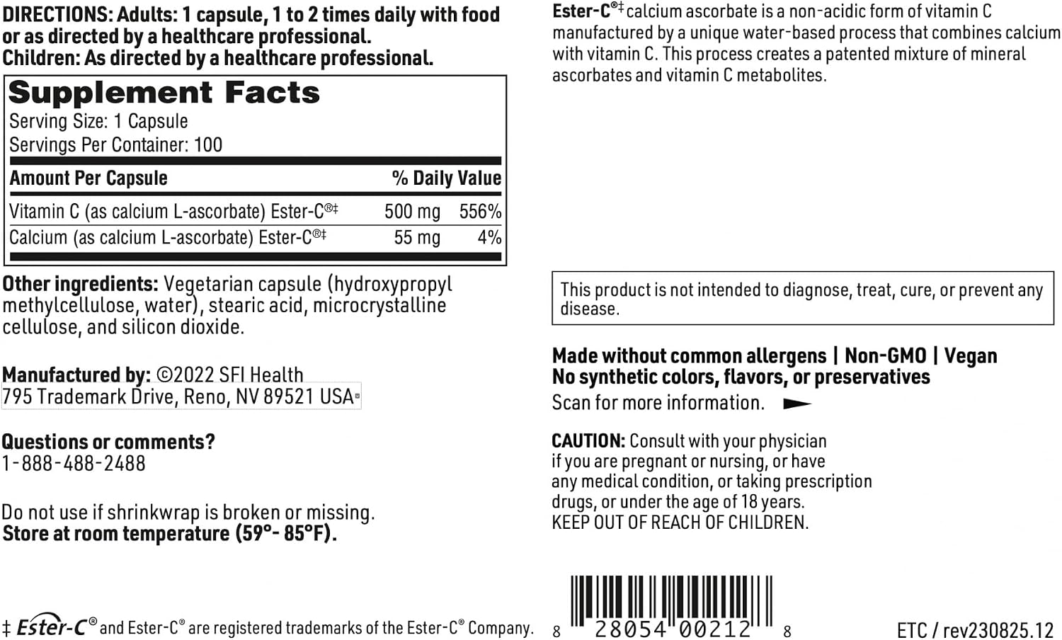 Klaire Labs SFI Health Ester-C - 500 mg de Vitamina C Tamponada - No Ácida, Suave para el Estómago - 100 Cápsulas
