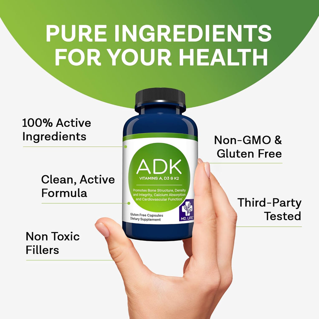 MD.LIFE ADK Vitamin Supplement – Complejo de Vitaminas A, D3 y K2 – 120 Cápsulas