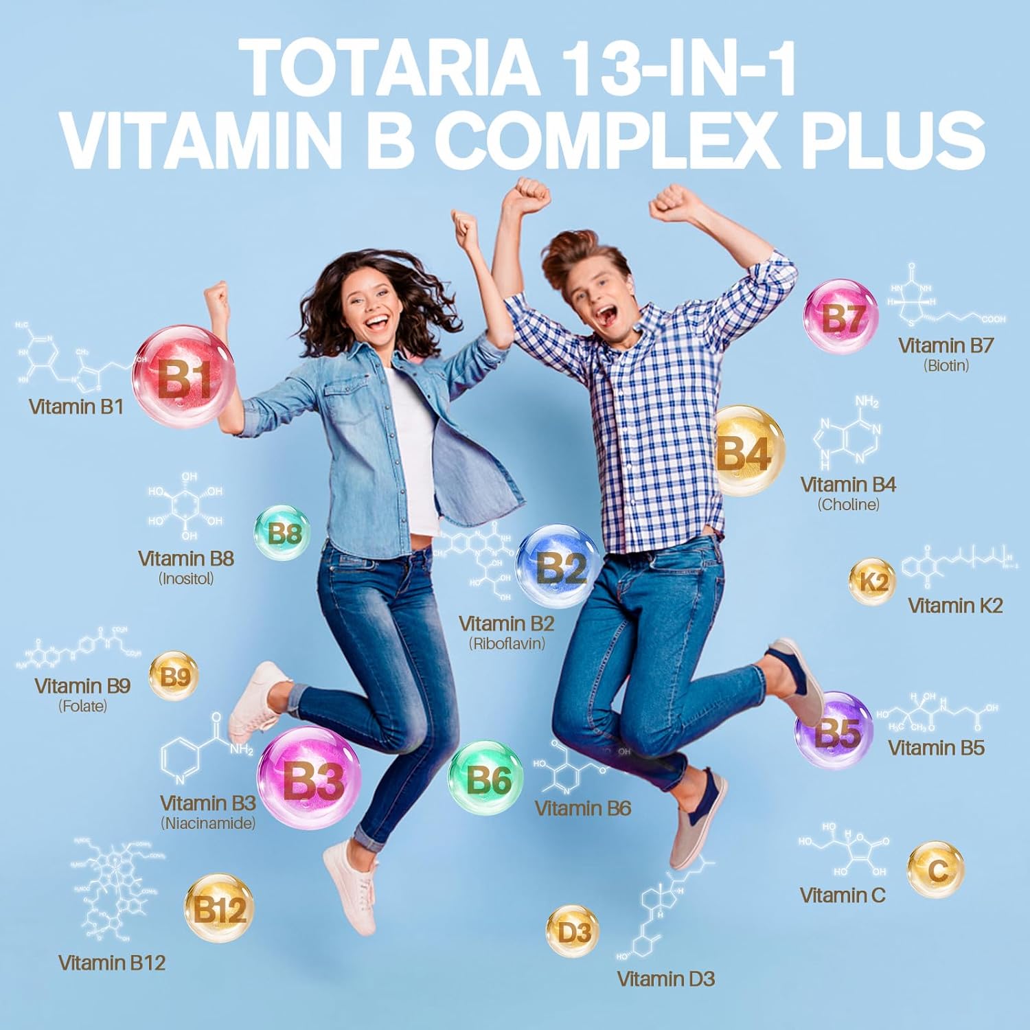 13-in-1 Vitamin B Complex Plus con Vitaminas B1, B2, B3, B4, B5, B6, B7, B8, B9, B12, C, D3, K2 - 120 Cápsulas por Frasco - 2 Frascos