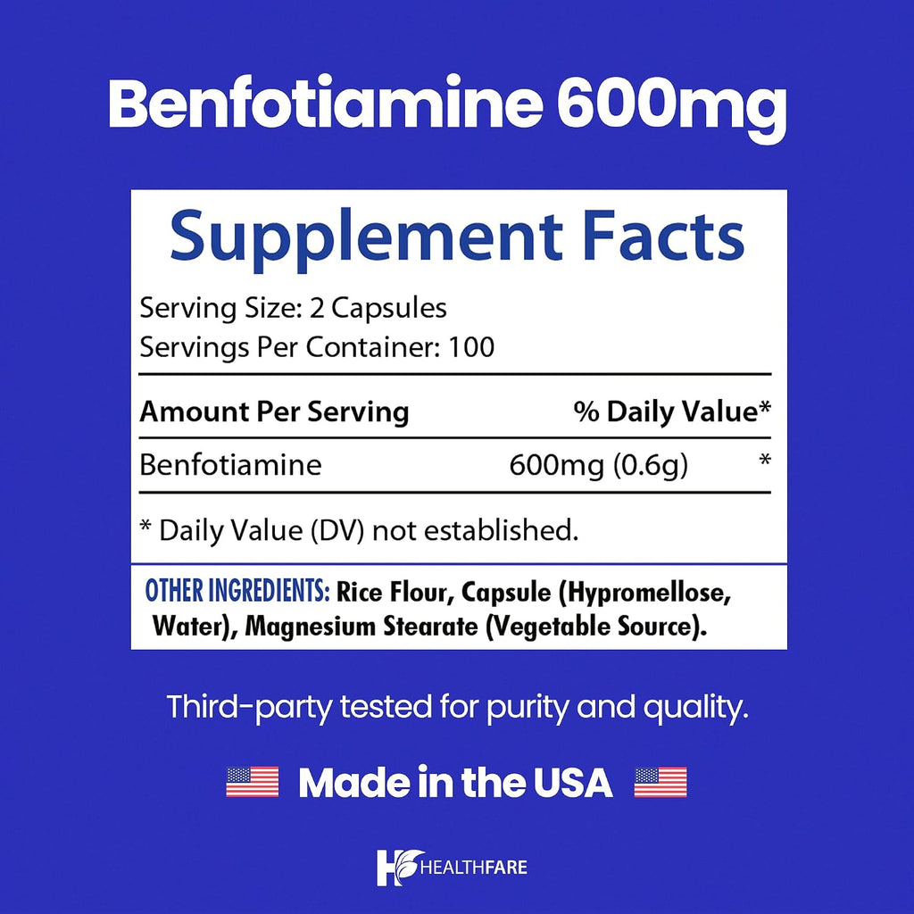 Healthfare Benfotiamina 600mg | 200 Cápsulas Veganas | Absorción Mejorada