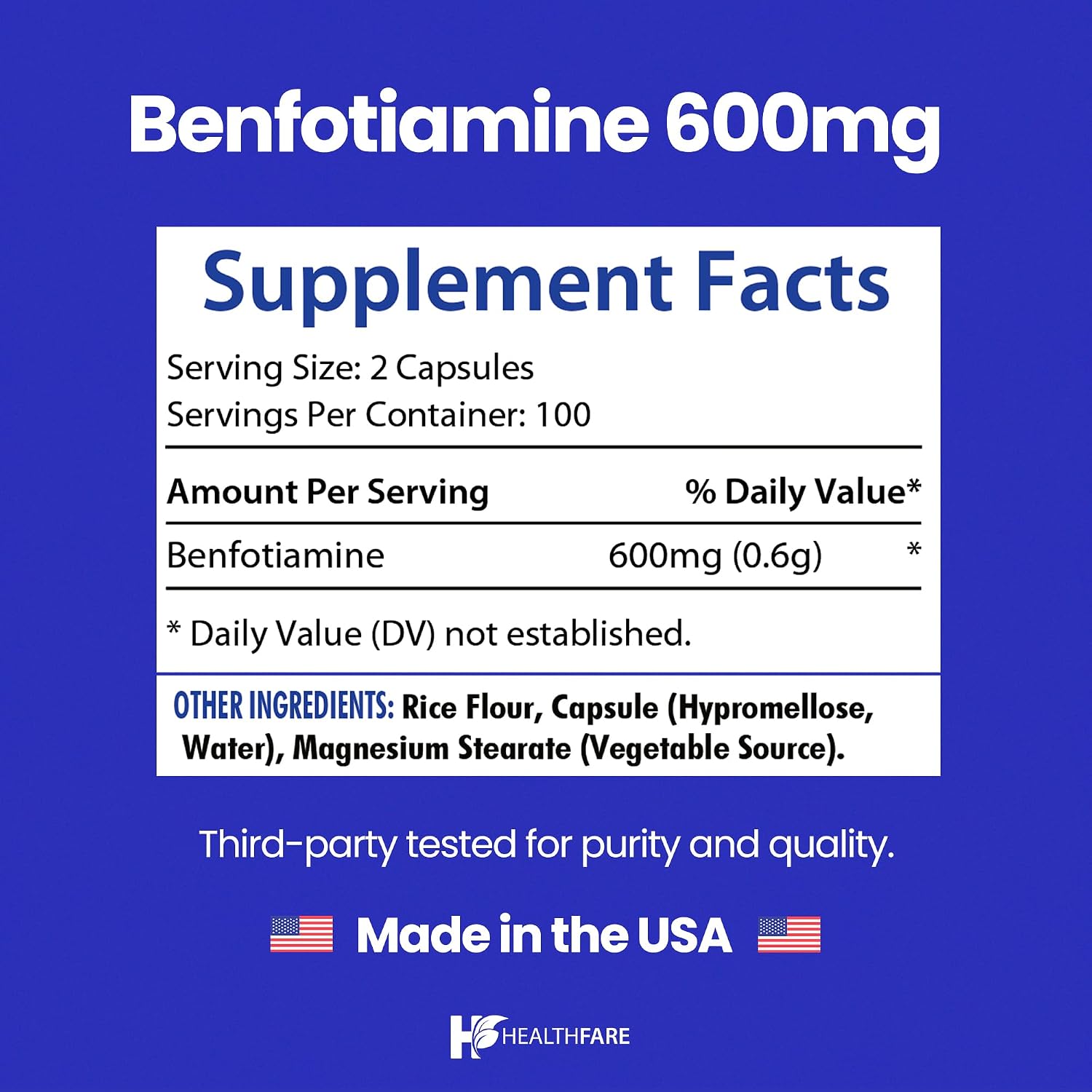 Healthfare Benfotiamina 600mg | 200 Cápsulas Veganas | Absorción Mejorada