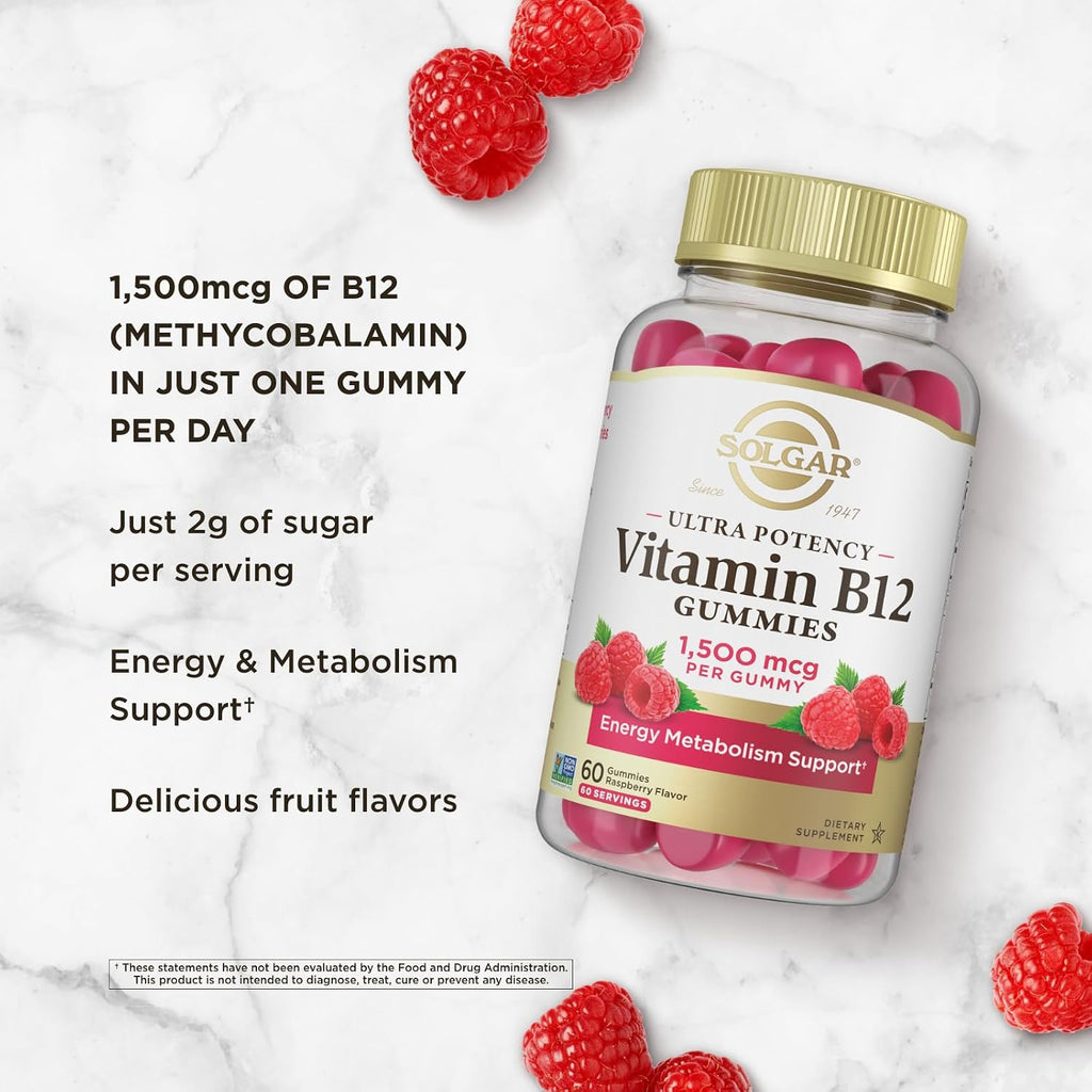 Solgar Methyl B12 Gominolas 1500mcg - Vitamina B12 Metilcobalamina para Energía y Metabolismo - Sabor Frambuesa - 60 Gominolas Veganas