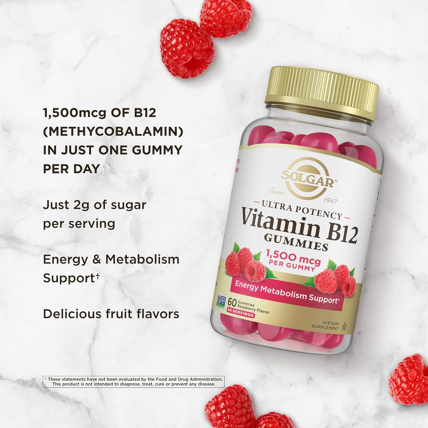 Solgar Methyl B12 Gominolas 1500mcg - Vitamina B12 Metilcobalamina para Energía y Metabolismo - Sabor Frambuesa - 60 Gominolas Veganas